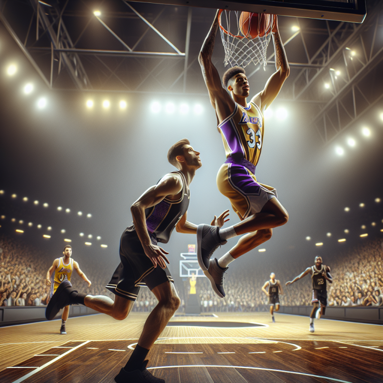 Lakers dominate Kings 128-104 with soaring fast-break dunk in Sacramento, April 2026.